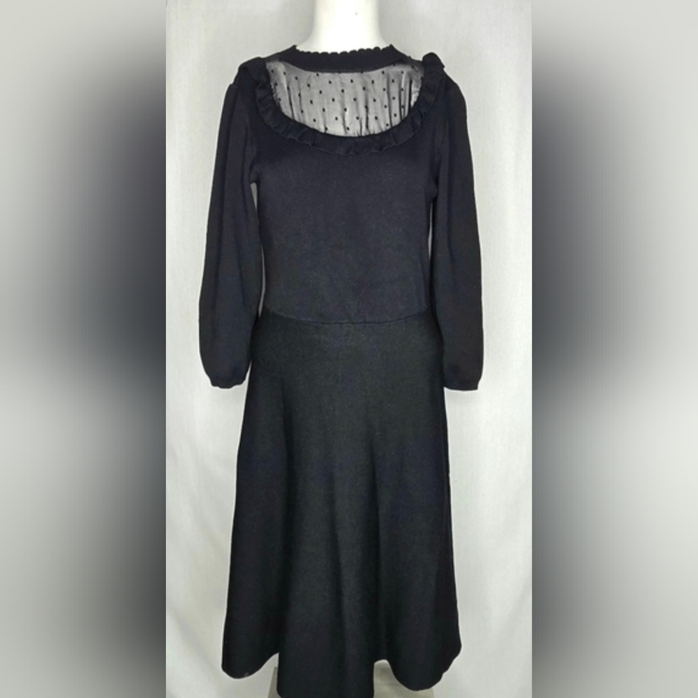 Draper James‎ RSVP Black Knit Midi Dress Swiss Dot Neckline Size M NWOT